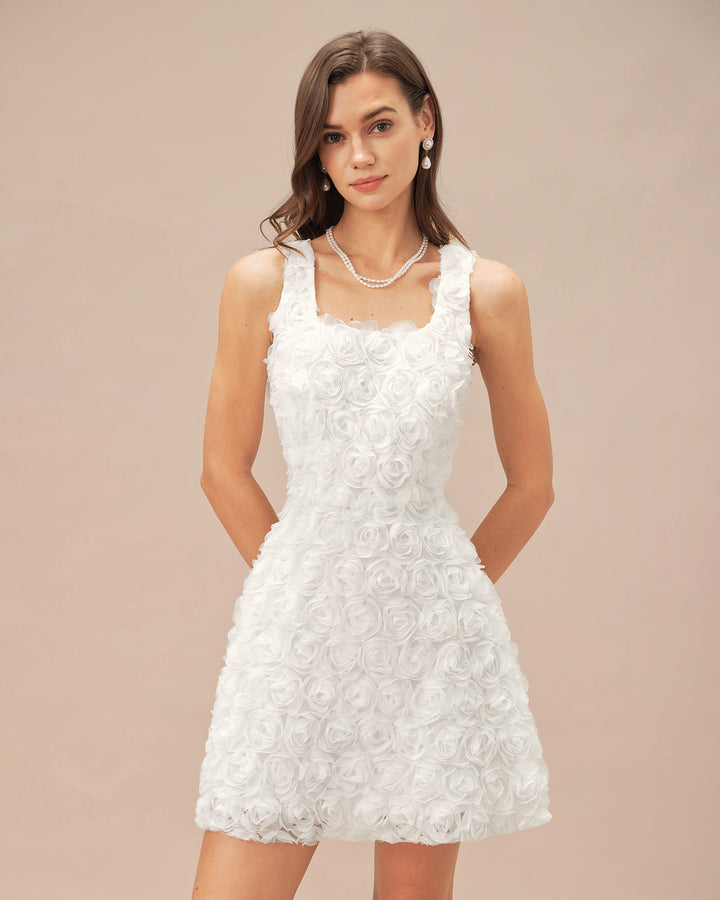 Vestido Mini A-Line Floral con Cuello Cuadrado Blanco