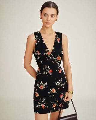 Vestido Mini A-Line Floral con Cuello en V Negro