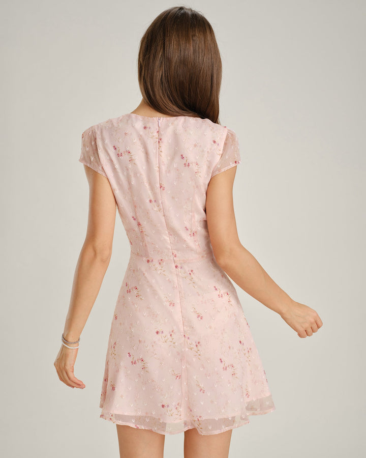 Vestido Mini Jacquard de Manga Corta Rosa