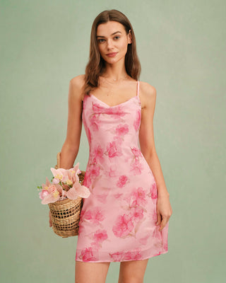 Vestido Mini Deslizante Floral con Cuello de Cowl Rosa