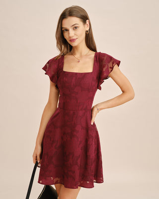 Vestido Mini Jacquard de Cuello Cuadrado Color Rojo Vino