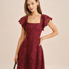 Vestido Mini Jacquard de Cuello Cuadrado Color Rojo Vino