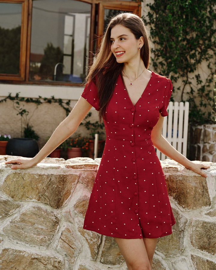 Vestido Mini de Lunares con Cuello en V Color Rojo Vino