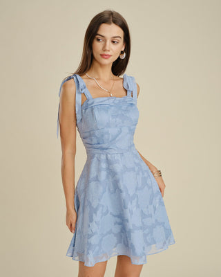 Vestido mini de jacquard con tirantes y escote cuadrado azul