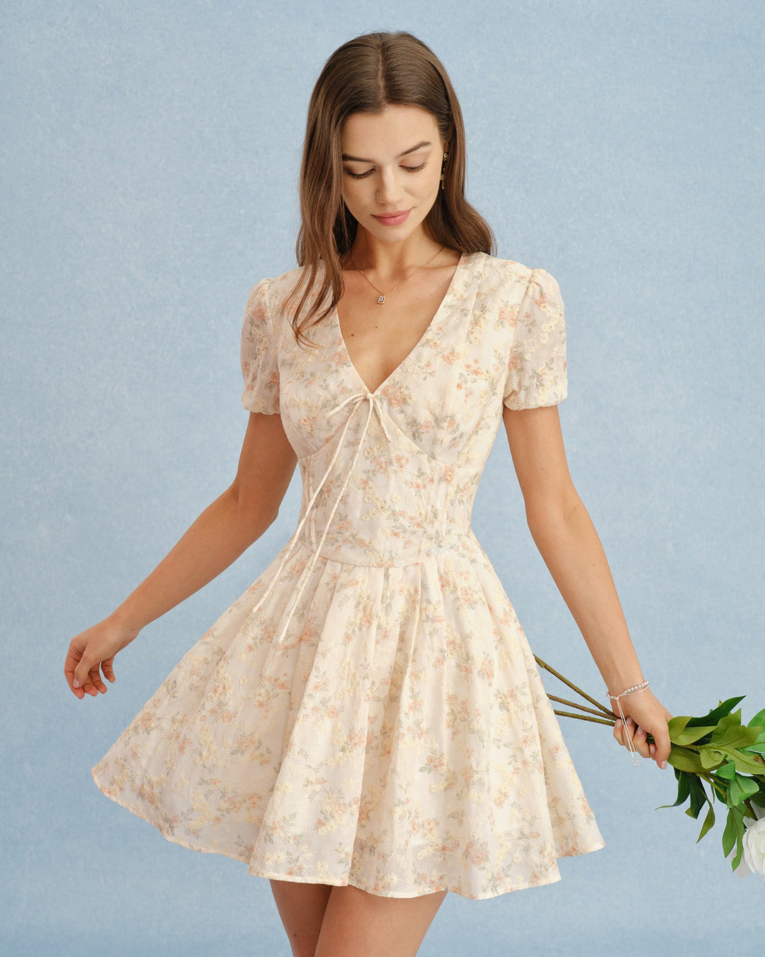 Vestido Mini Floral Naranja con Escote en V