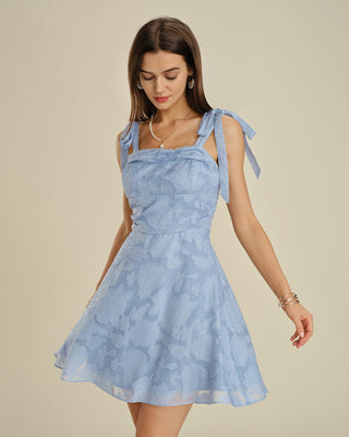 Vestido mini de jacquard con tirantes y escote cuadrado azul
