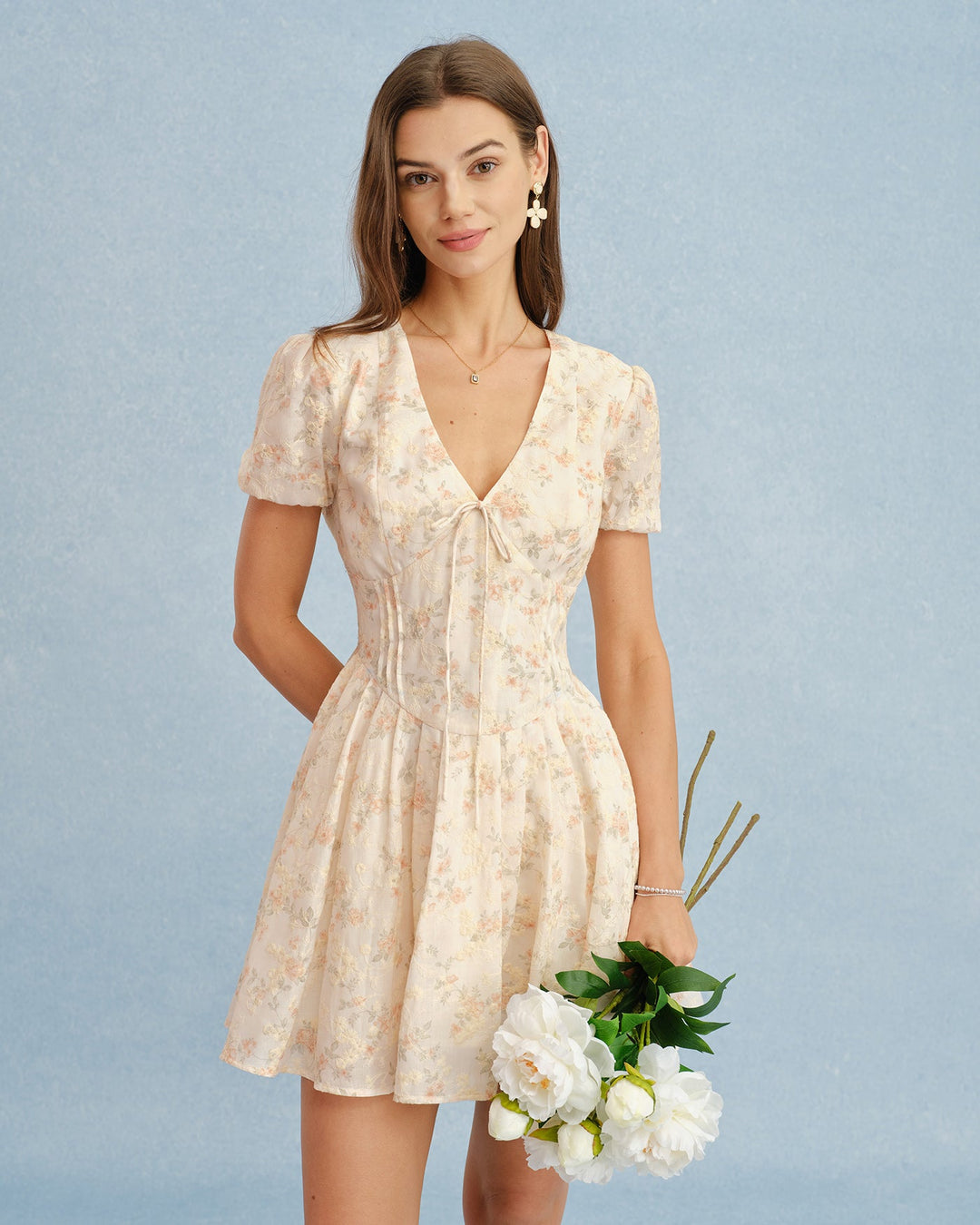 Vestido Mini Floral Naranja con Escote en V