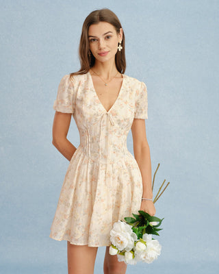 Vestido Mini Floral Naranja con Escote en V