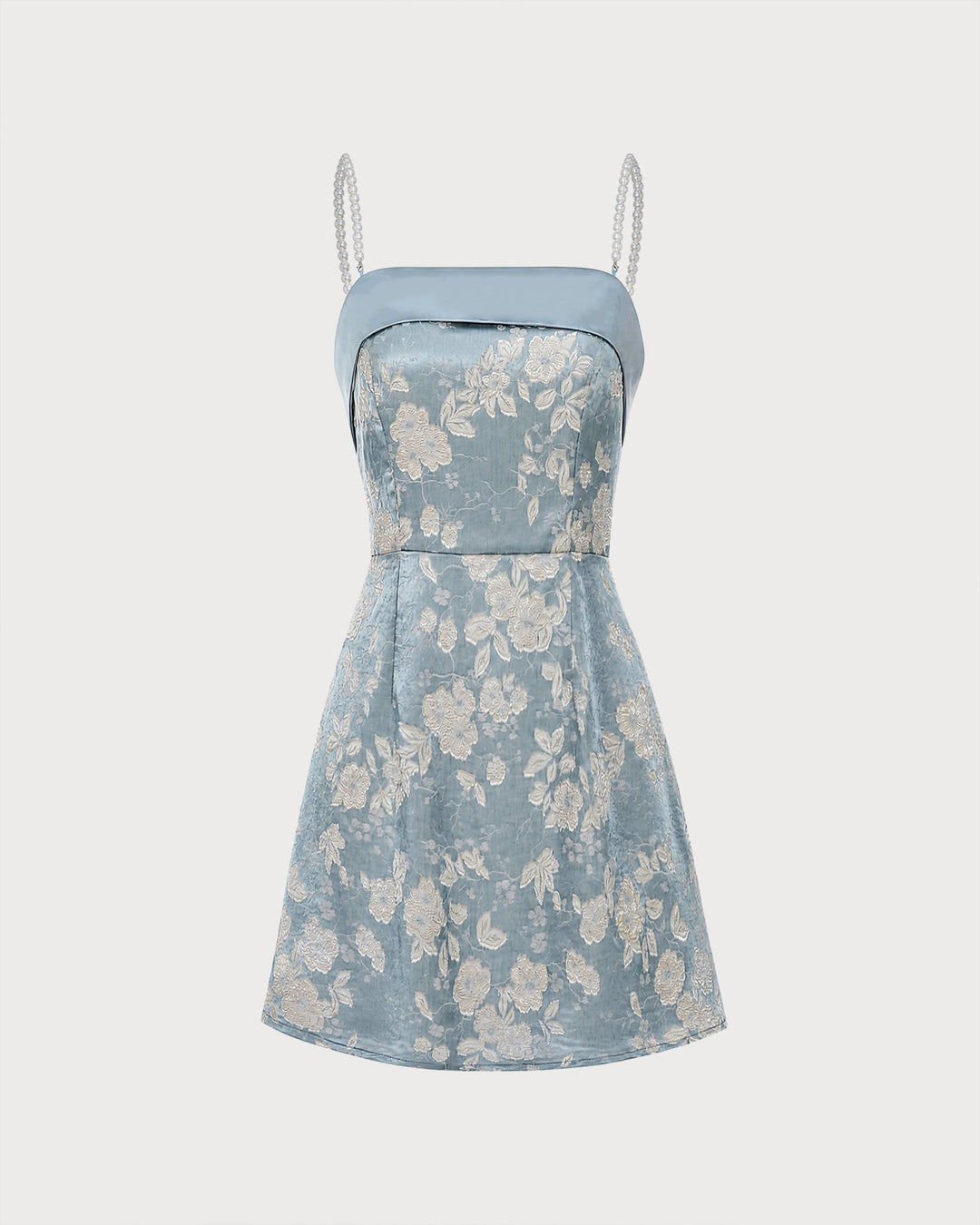 Vestido Mini Jacquard de Perlas con Escote Cuadrado Azul