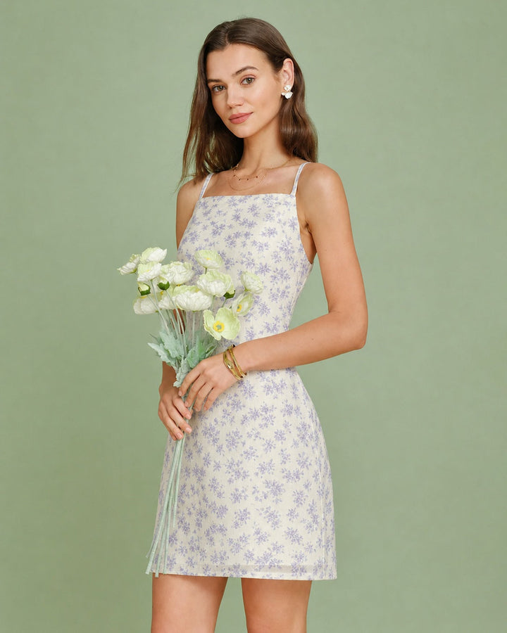 Vestido Mini Slip Floral de Cuello Cuadrado Púrpura