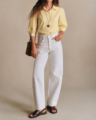 Camisa a Rayas con Botón y Cuello Amarillo