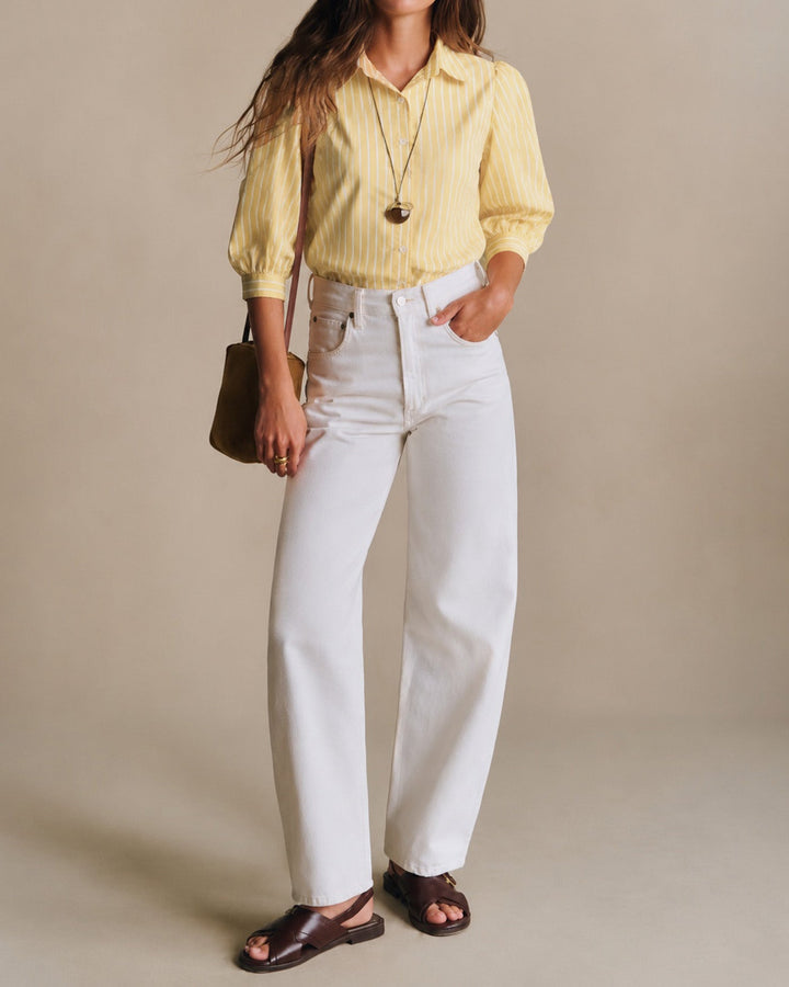 Camisa a Rayas con Botón y Cuello Amarillo