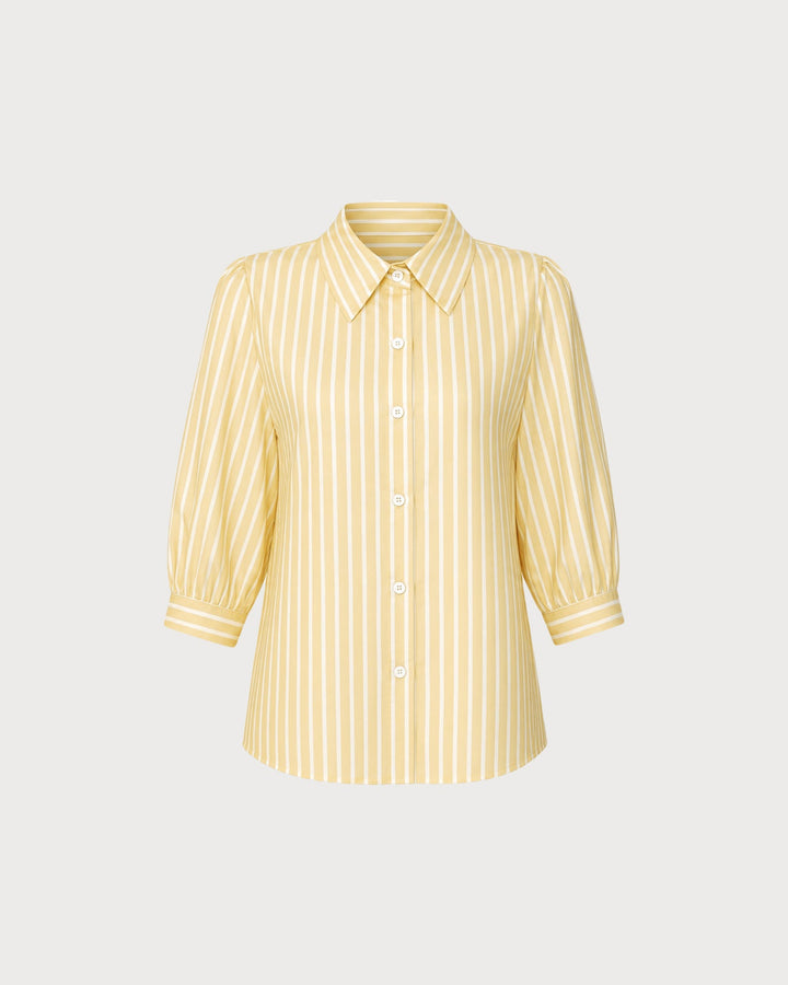 Camisa a Rayas con Botón y Cuello Amarillo