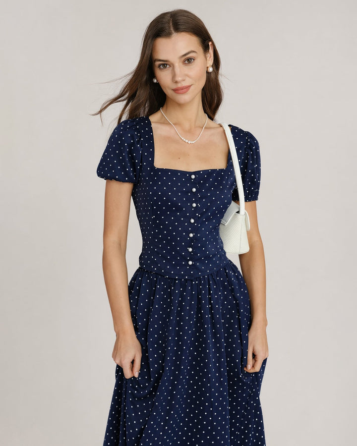 Blusa Azul con Cuello Cuadrado y Lunares