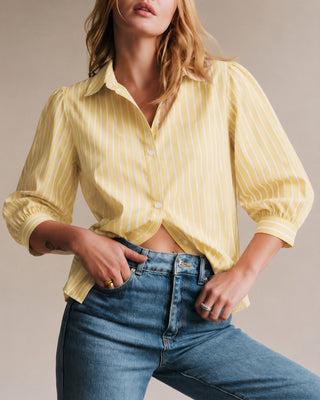 Camisa a Rayas con Botón y Cuello Amarillo