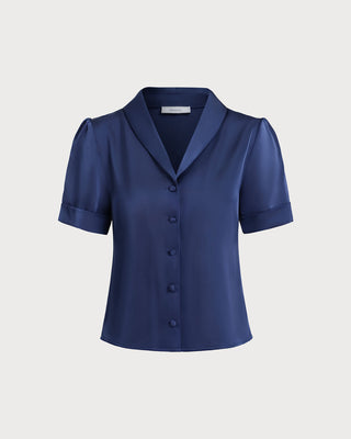 Blusa de Botón de Satén Marino
