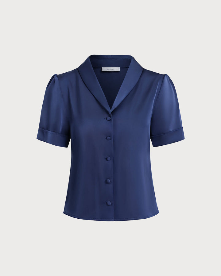 Blusa de Botón de Satén Marino