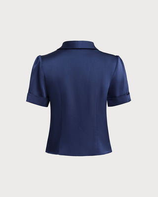 Blusa de Botón de Satén Marino