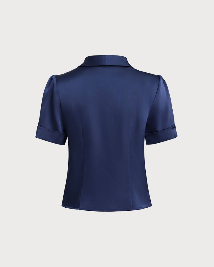 Blusa de Botón de Satén Marino