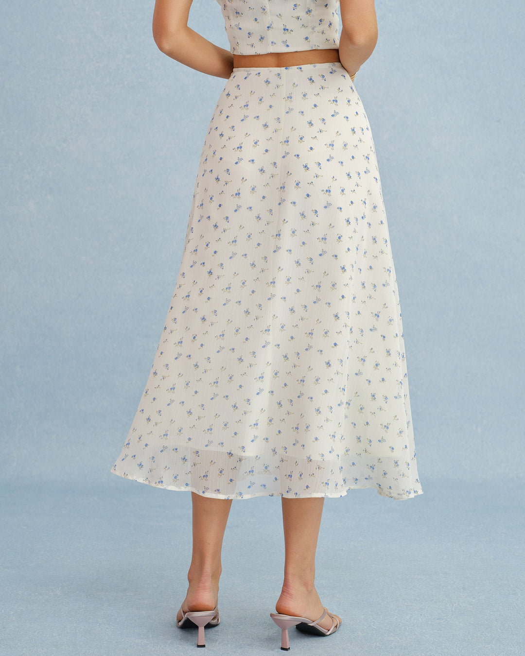 Falda Midi de Chifón Floral Beige