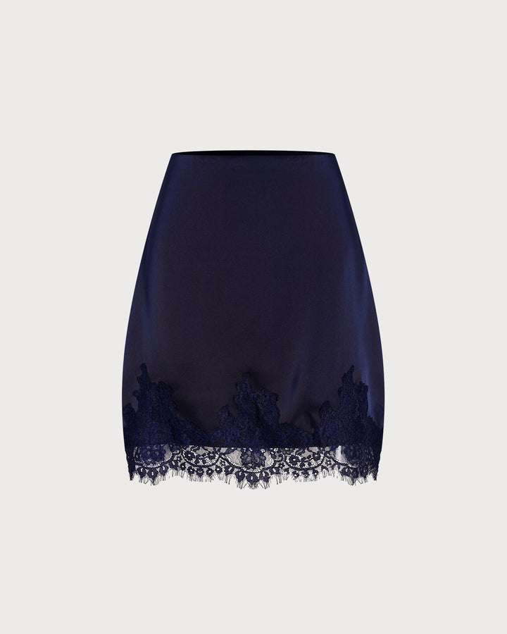 Falda Mini de Satén con Encaje Azul
