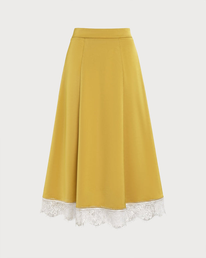 Falda Midi de Satén con Encaje Amarillo