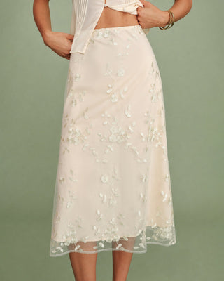 Falda Midi de Malla con Bordado Floral en Albaricoque
