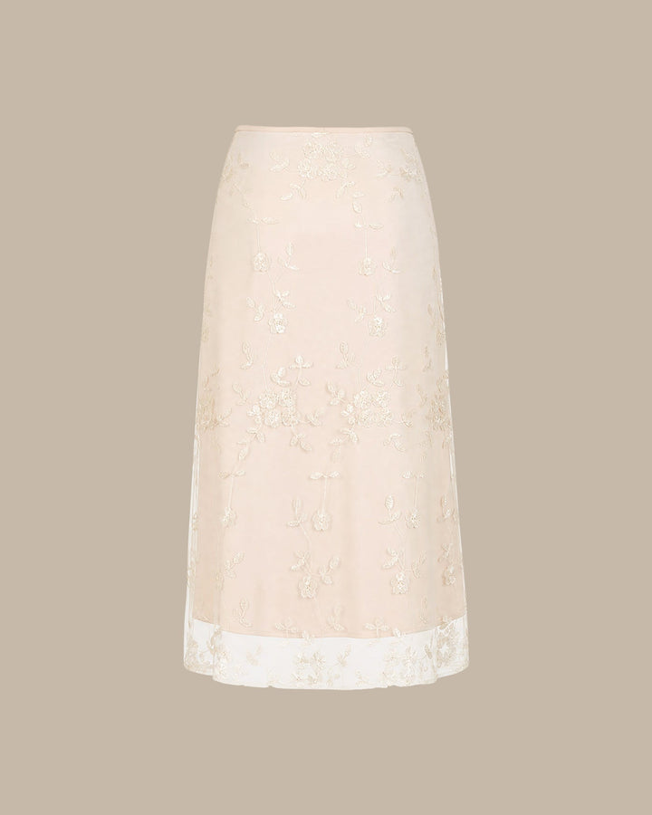 Falda Midi de Malla con Bordado Floral en Albaricoque