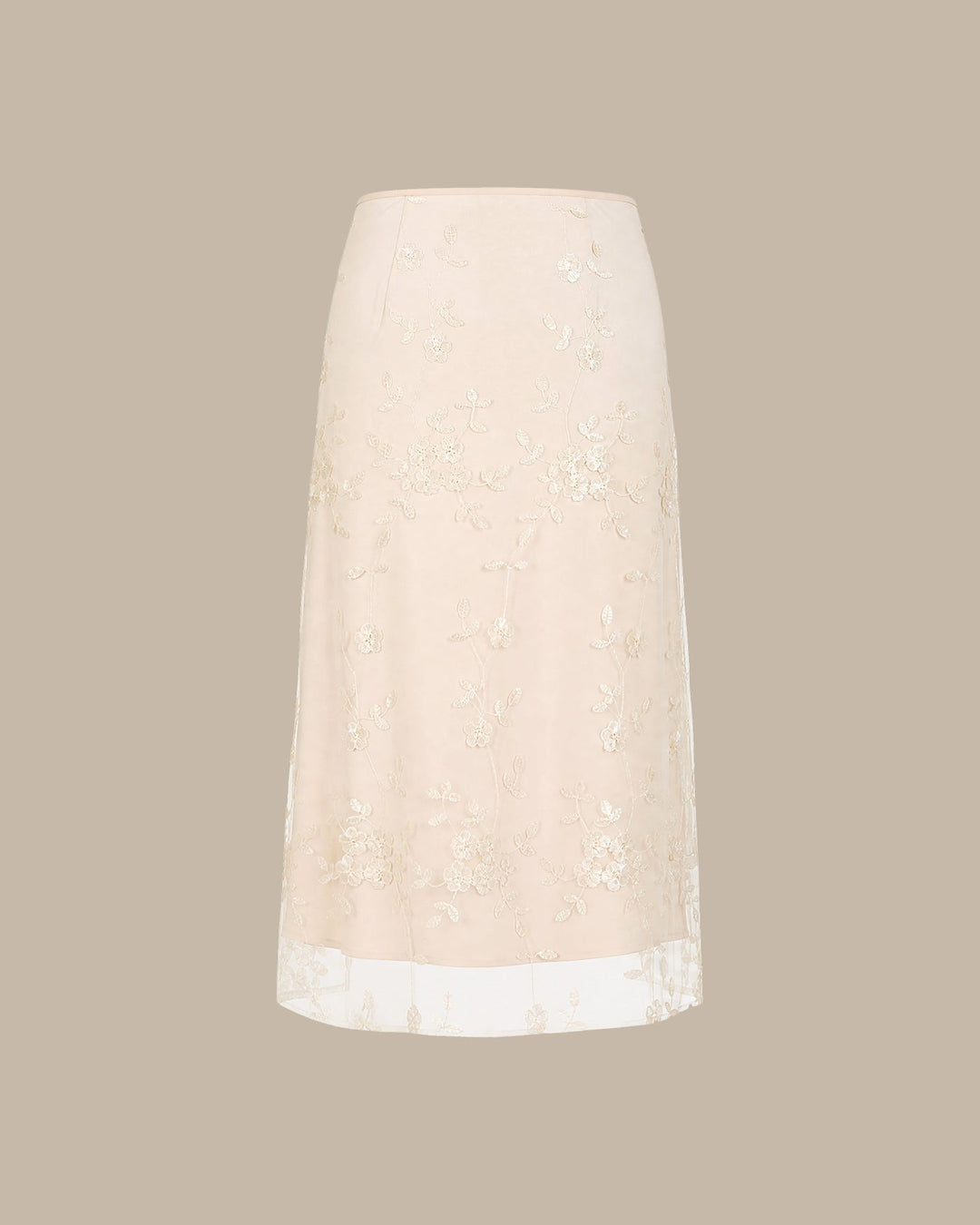 Falda Midi de Malla con Bordado Floral en Albaricoque