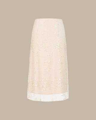 Falda Midi de Malla con Bordado Floral en Albaricoque