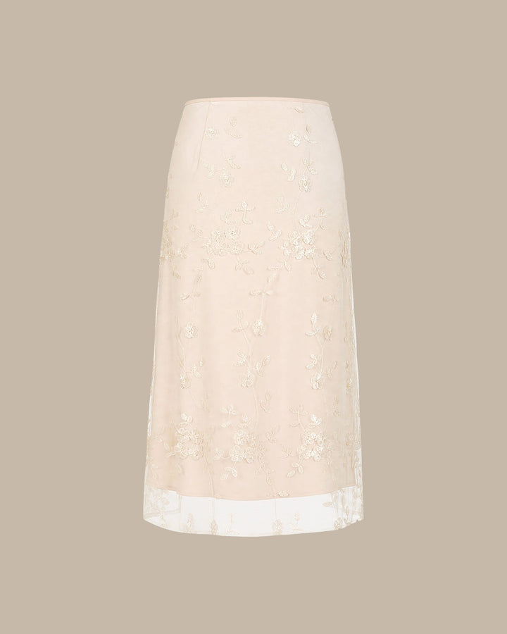 Falda Midi de Malla con Bordado Floral en Albaricoque