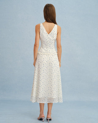 Falda Midi de Chifón Floral Beige