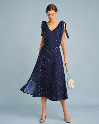Falda Midi de Lunares con Abertura en Color Marino