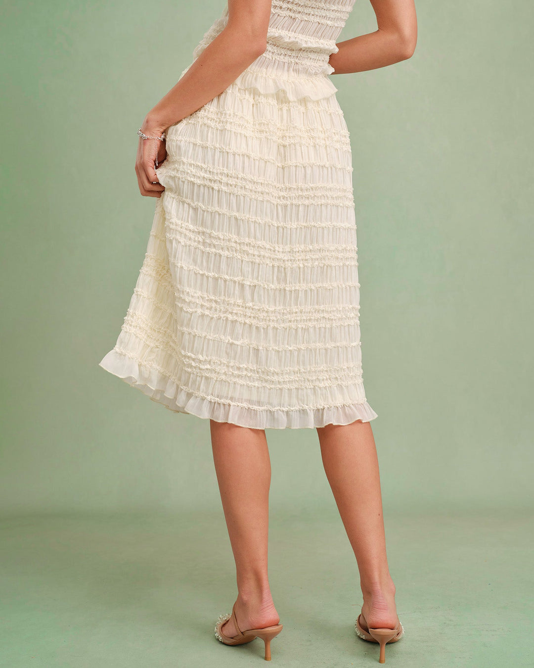 Falda Midi Shirred de Cintura Elástica en Albaricoque