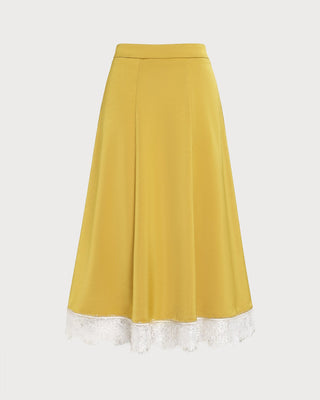Falda Midi de Satén con Encaje Amarillo