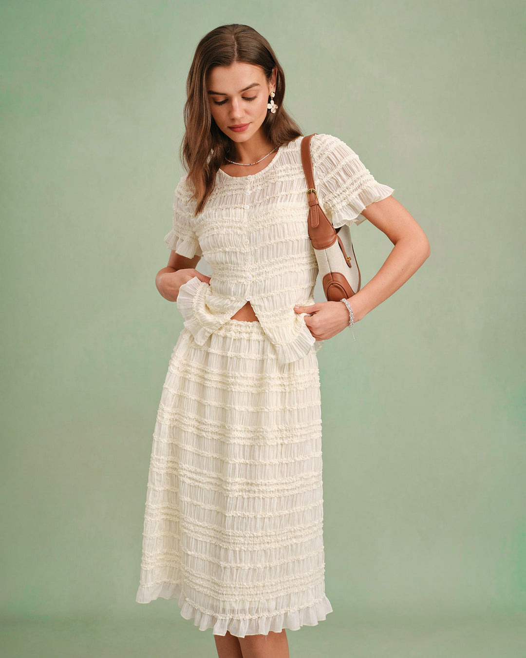 Falda Midi Shirred de Cintura Elástica en Albaricoque