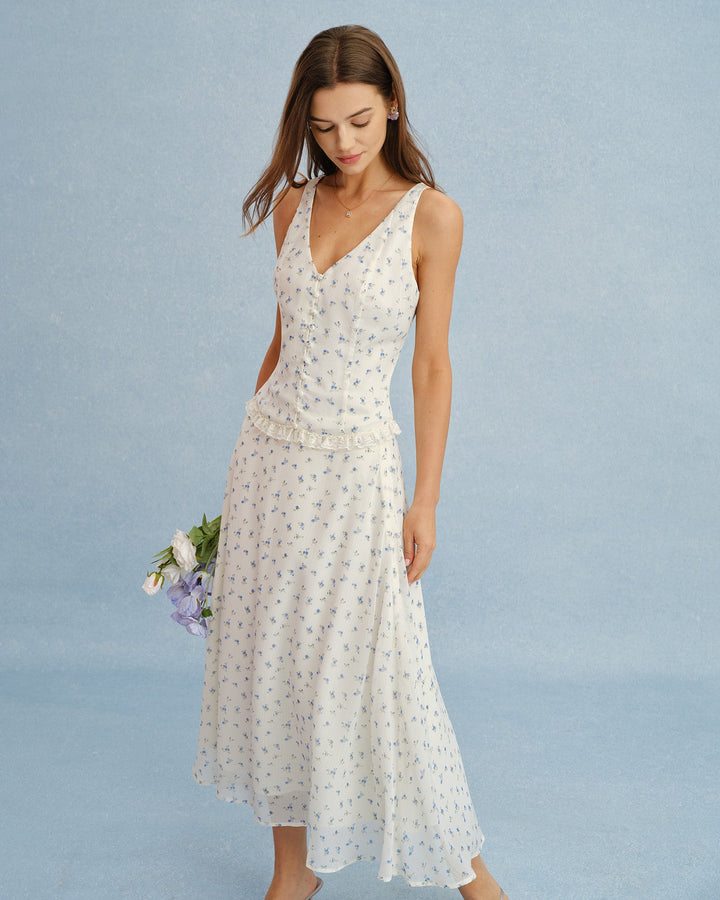 Falda Midi de Chifón Floral Beige
