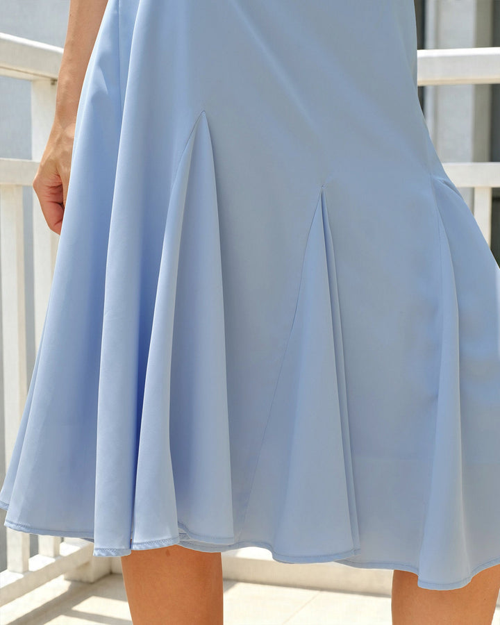 Falda Midi A-Line Sólida Azul con Cremallera