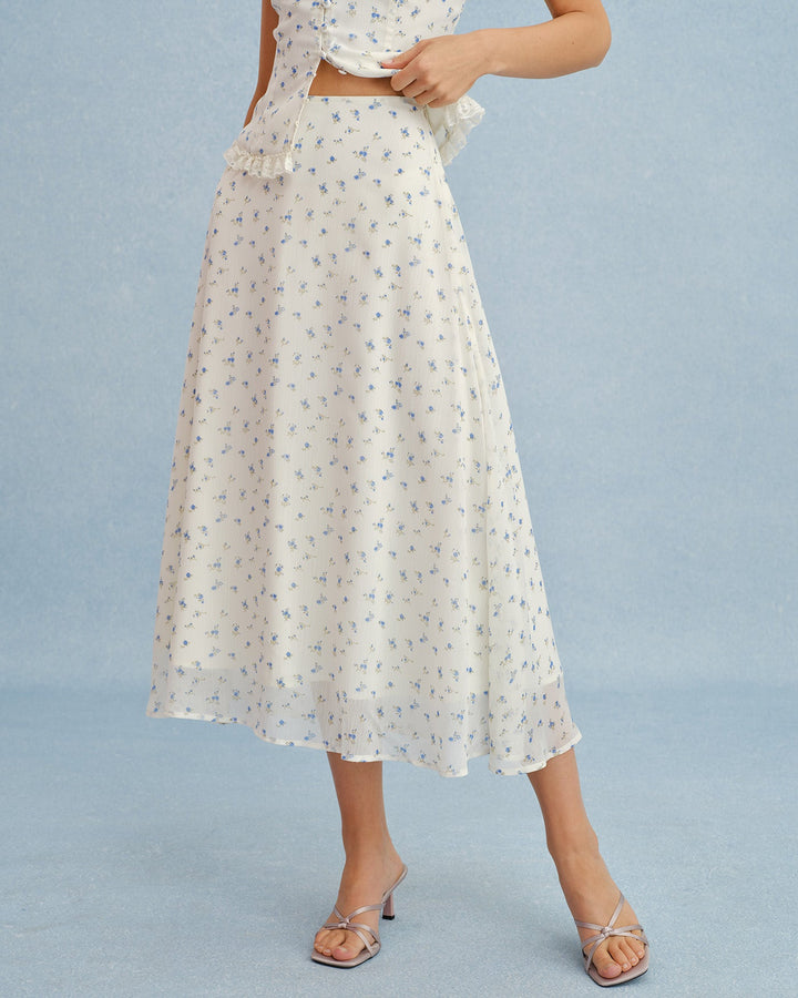 Falda Midi de Chifón Floral Beige
