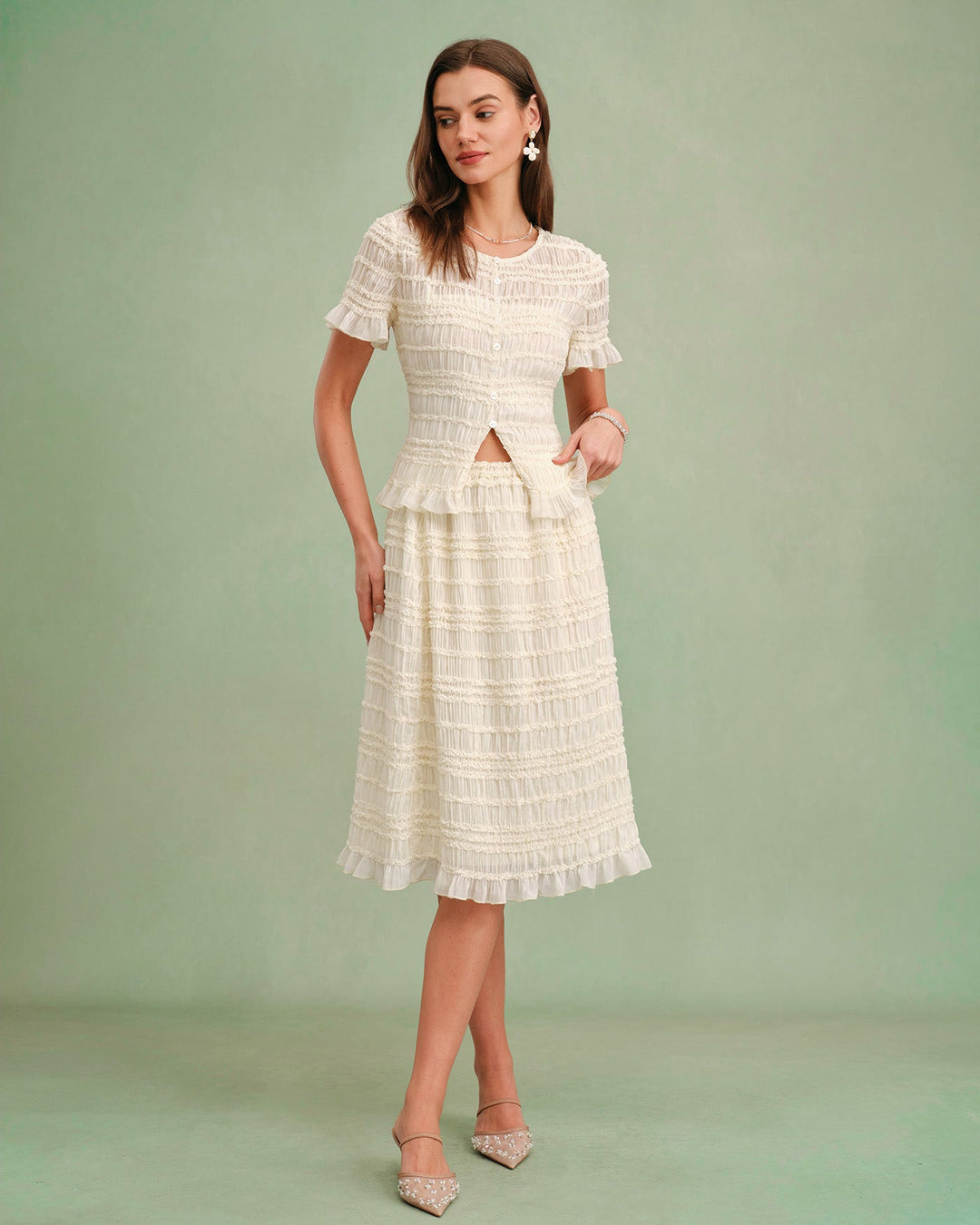 Falda Midi Shirred de Cintura Elástica en Albaricoque