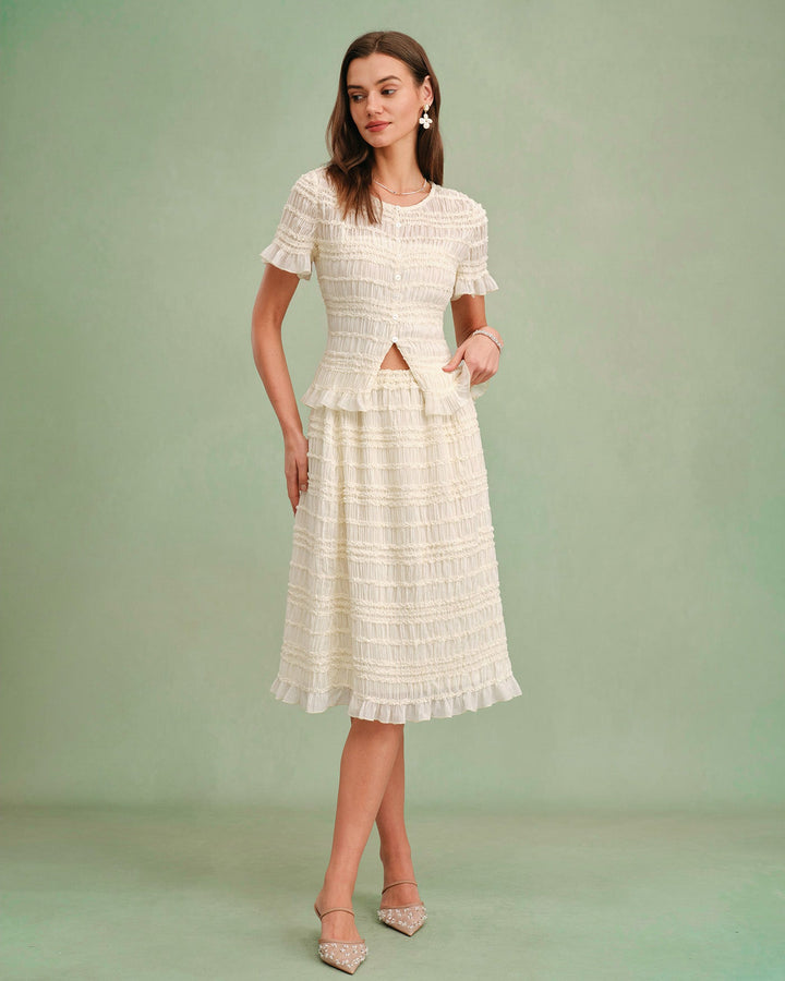 Falda Midi Shirred de Cintura Elástica en Albaricoque