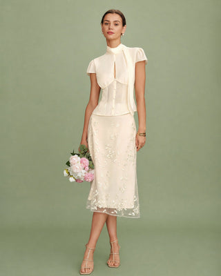Falda Midi de Malla con Bordado Floral en Albaricoque