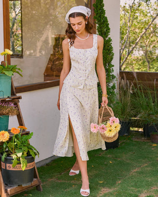 Top de Tirantes Floral de Cuello Cuadrado Beige