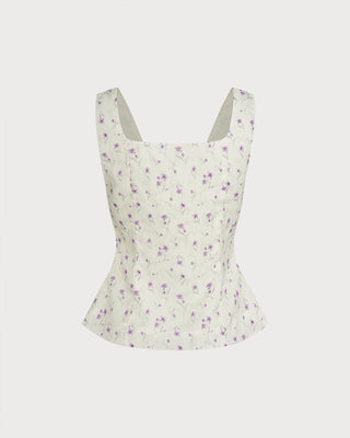 Top de Tirantes Floral de Cuello Cuadrado Beige