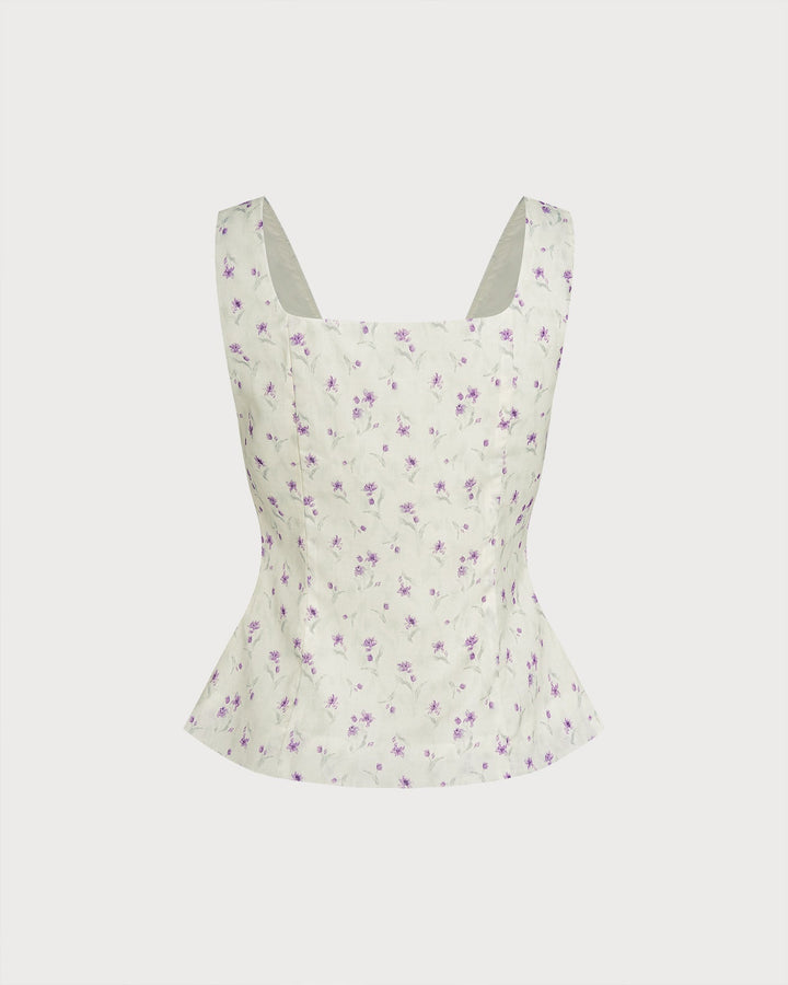 Top de Tirantes Floral de Cuello Cuadrado Beige