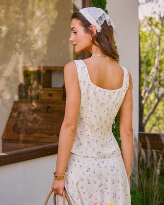 Top de Tirantes Floral de Cuello Cuadrado Beige