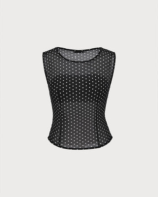 Top sin mangas de cuello barco con lunares negros