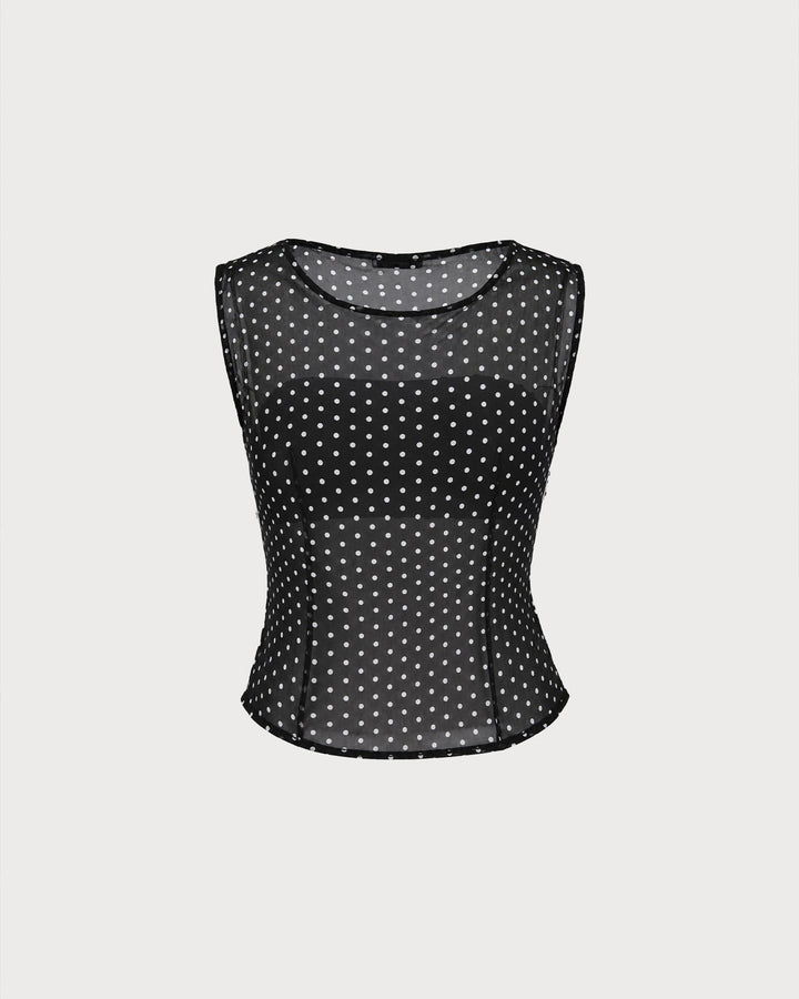 Top sin mangas de cuello barco con lunares negros