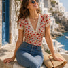 Camiseta Floral de Encaje con Cuello en V Rojo