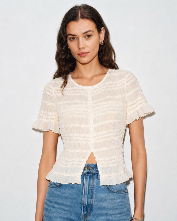 Camiseta con Cuello Barco y Fruncido en Melocotón